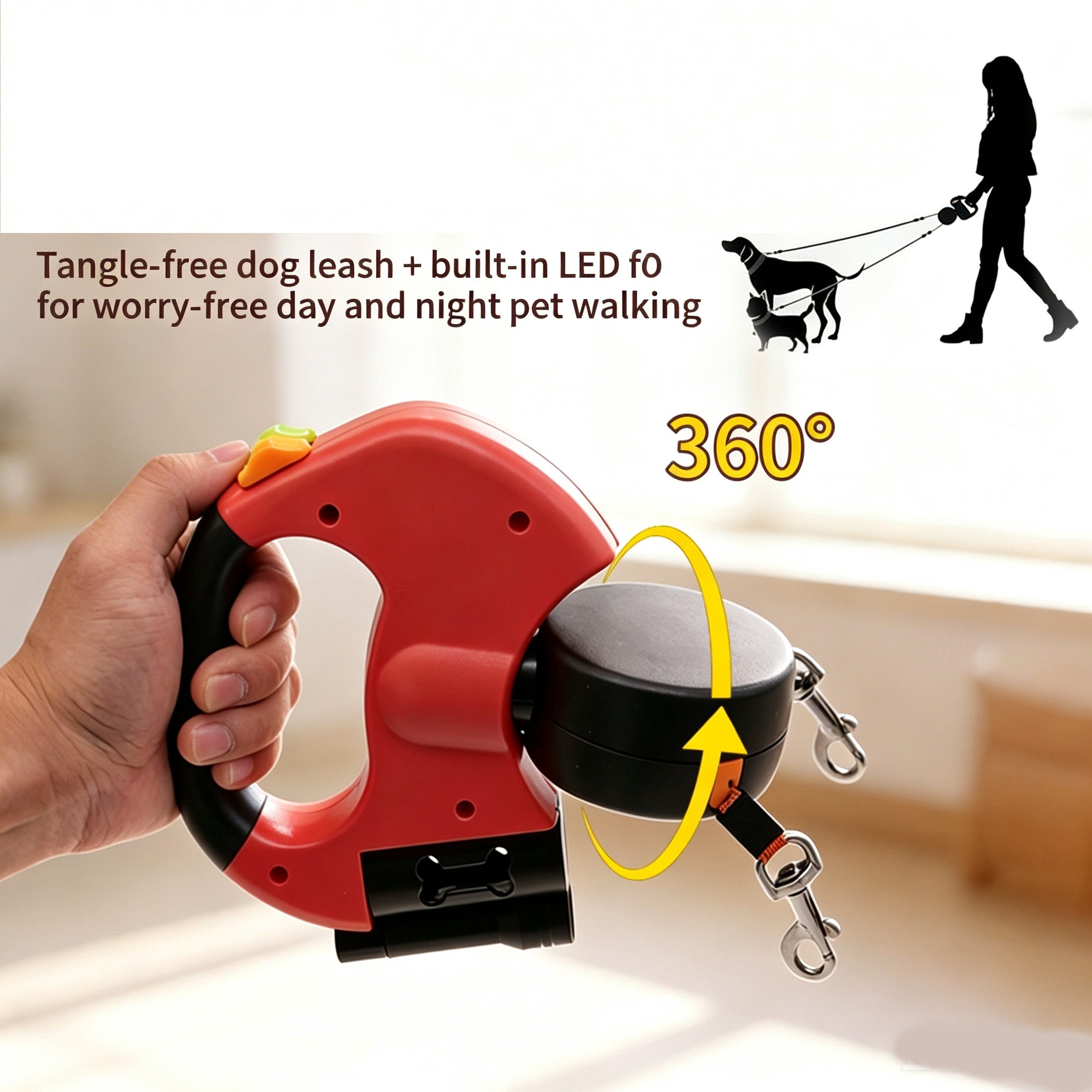 Retractable Double Dog Leash with LED Light