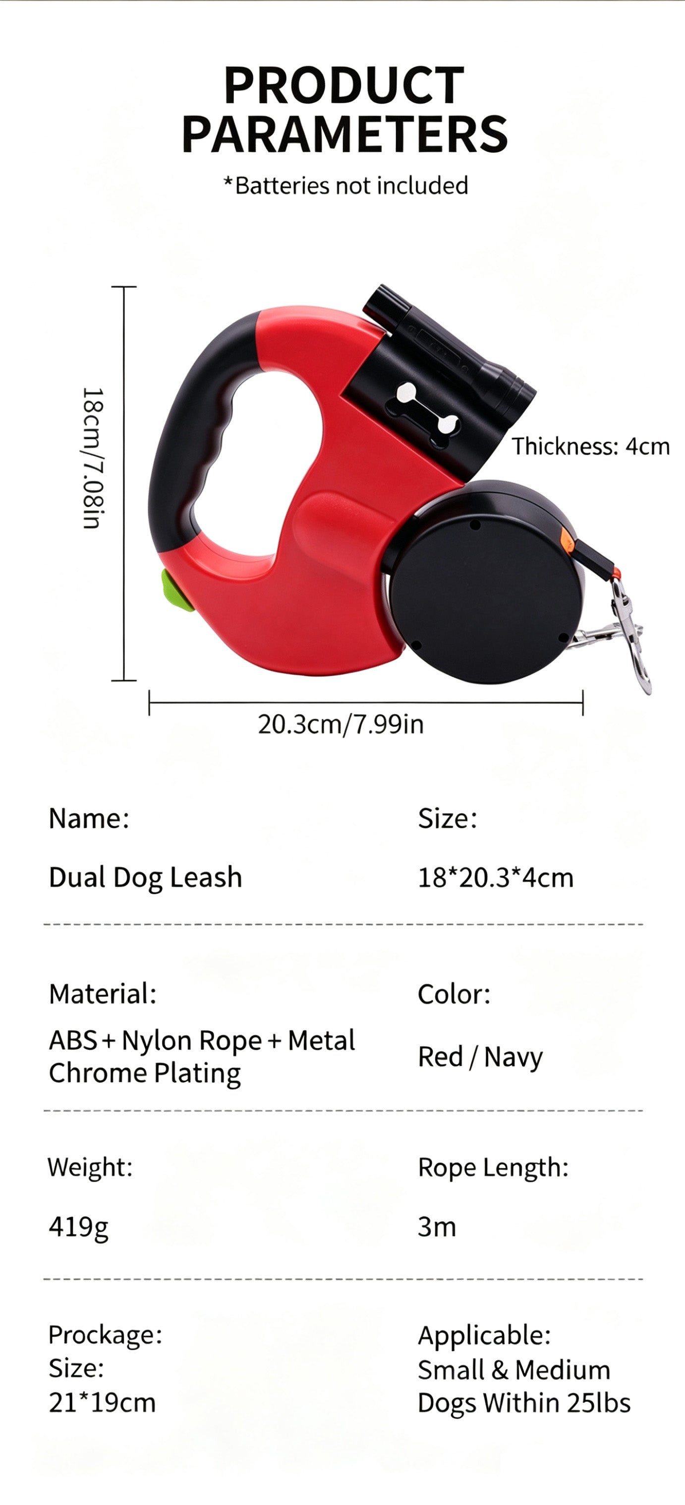 Retractable Double Dog Leash with LED Light